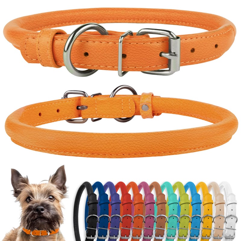 CollarDirect Rolled Leather Dog Collar, Soft Padded Round Puppy Collar, Handmade Genuine Leather Collar Dog Small Large Cat Collars 13 Colors (6-7 Inch, Orange Textured) - Image 1